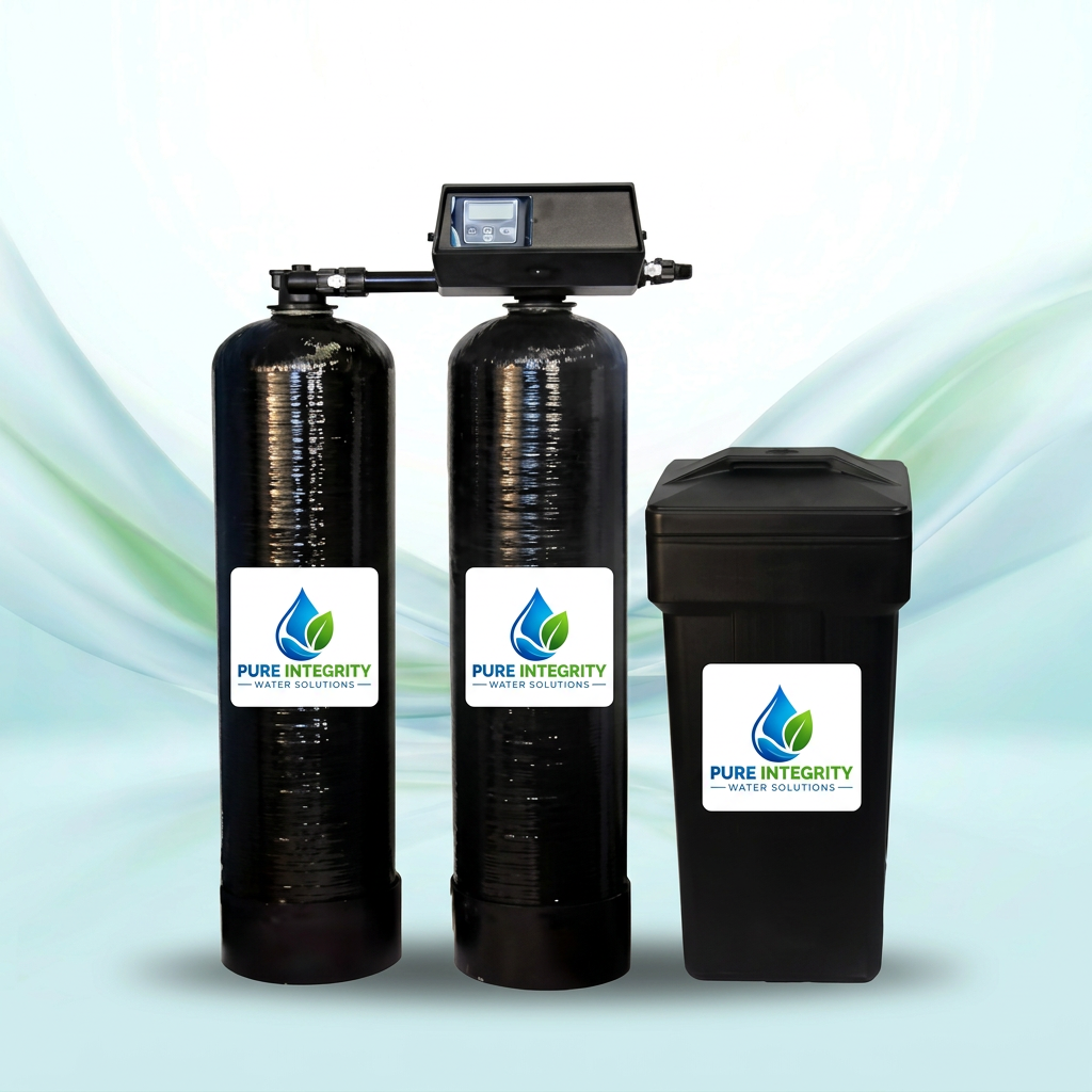 Black whole-home water treatment system with Pure Integrity Water Solutions branding and a matching aqua-and-green background